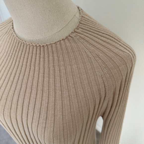 Loulou Studio $439 Uturoa Ribbed Long Sleeve Midi Dress Silk Cotton Beige Small - Picture 5 of 10